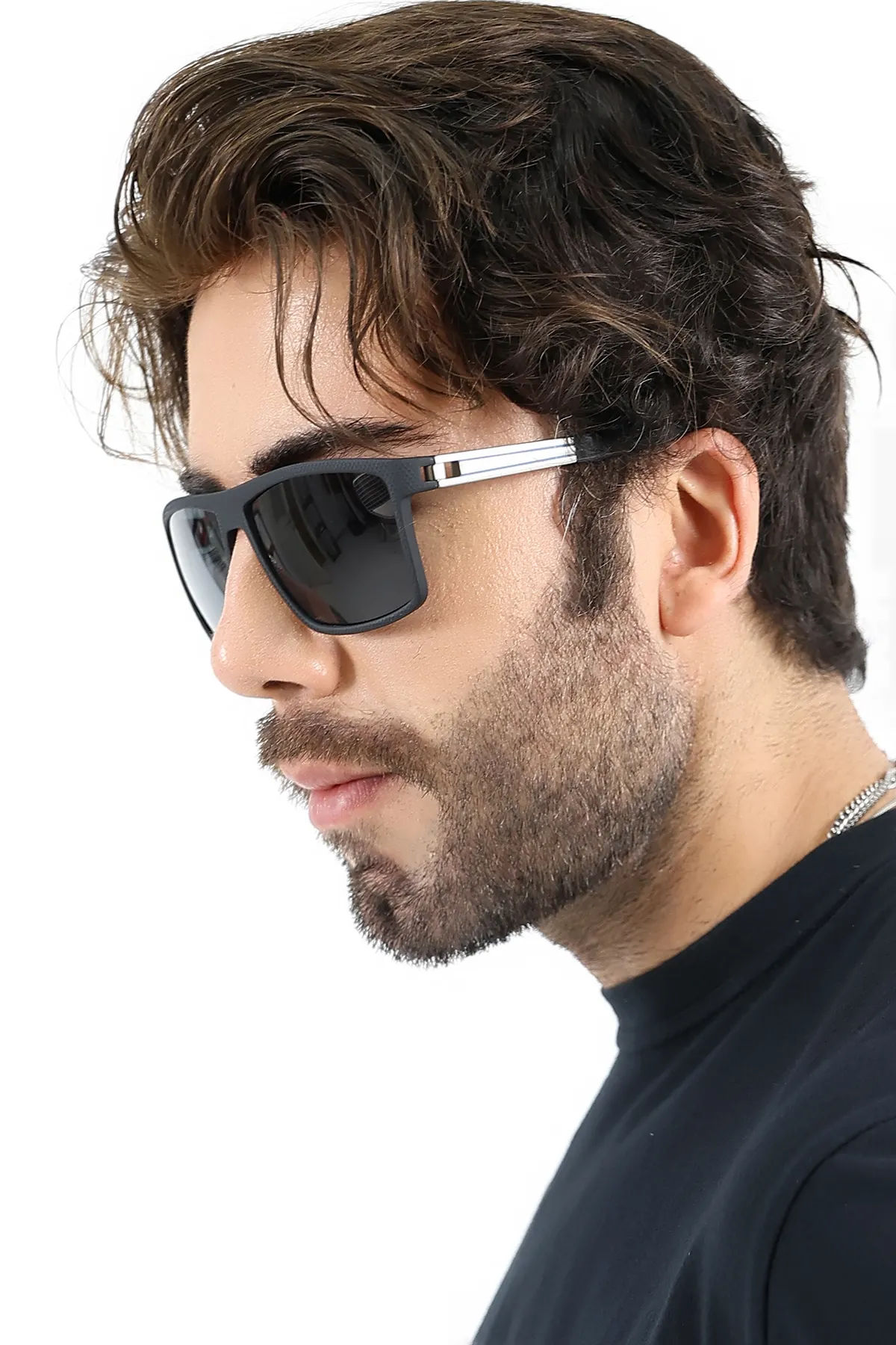 Erkek UV400 Mat Siyah Kare Güneş Gözlüğü Gümüş Detay 25-11 C2 M Erkek UV400 Mat Siyah Kare Güneş Gözlüğü Gümüş Detay 25-11 C2 M