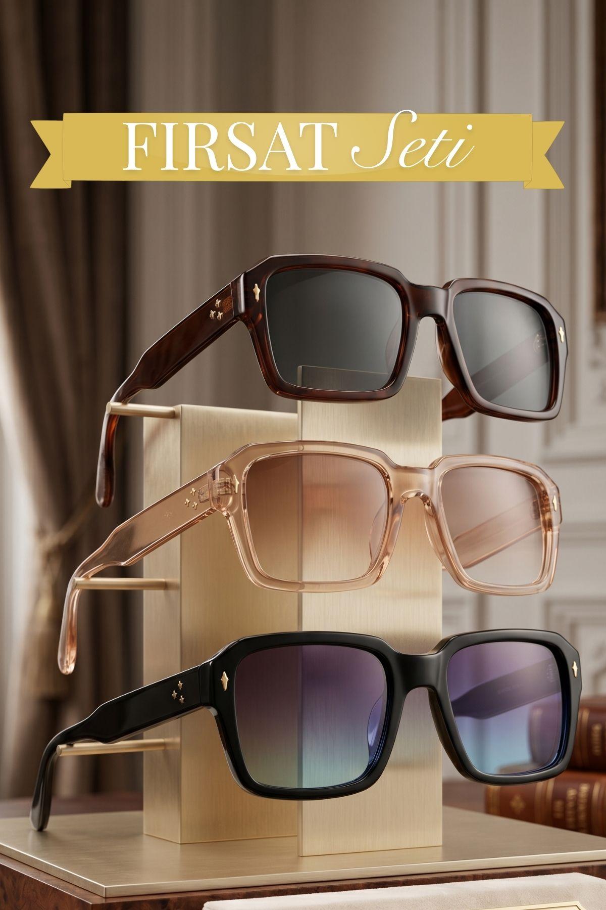 3lü Fırsat Seti Kadın Uv400 Koruma Kare Güneş Gözlüğü 23033set