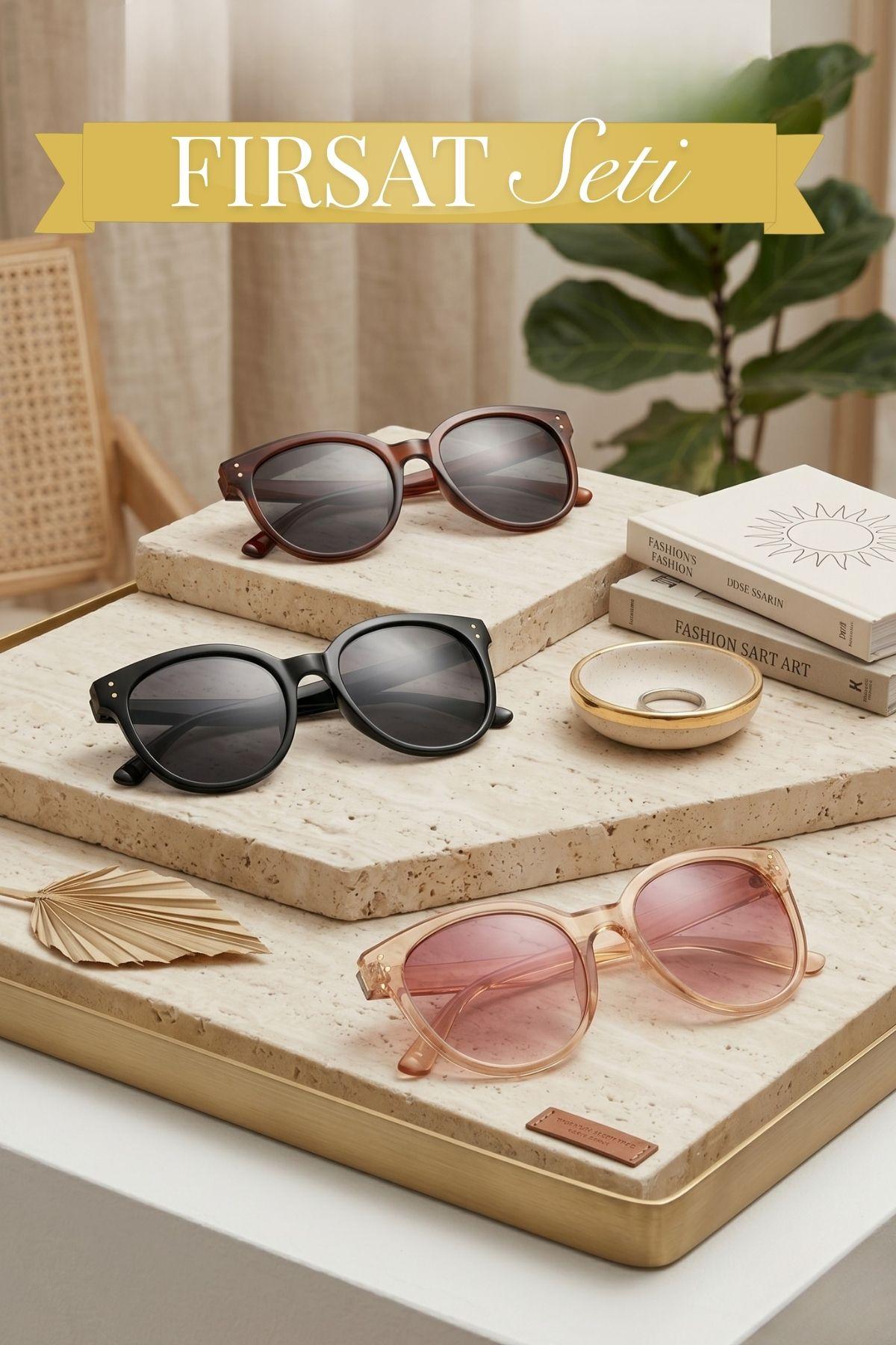 3lü Fırsat Seti Kadın UV400 Koruma Oval Güneş Gözlüğü 23008