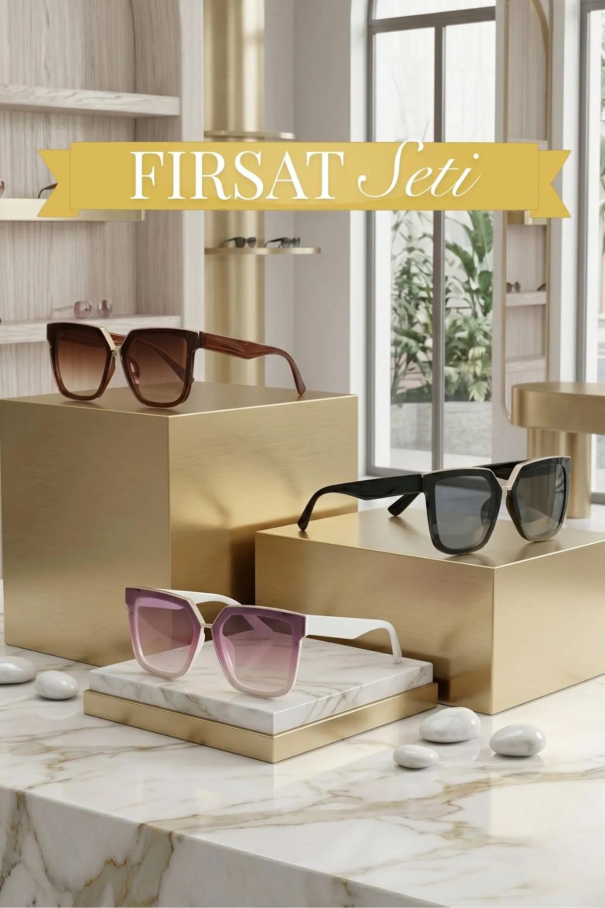 3lü Fırsat Seti Kadın UV400 Koruma Oversize Güneş Gözlüğü 23016-2