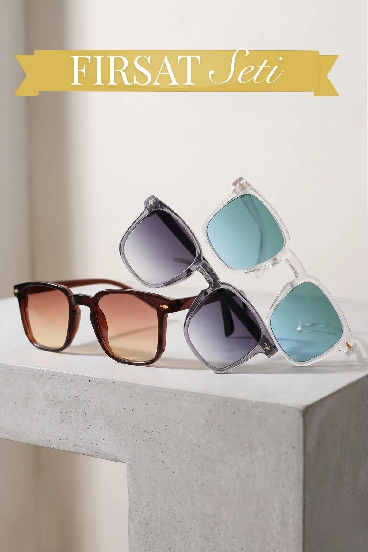 3lü Fırsat Seti Renkli Unisex UV400 Kare Güneş Gözlüğü 23043