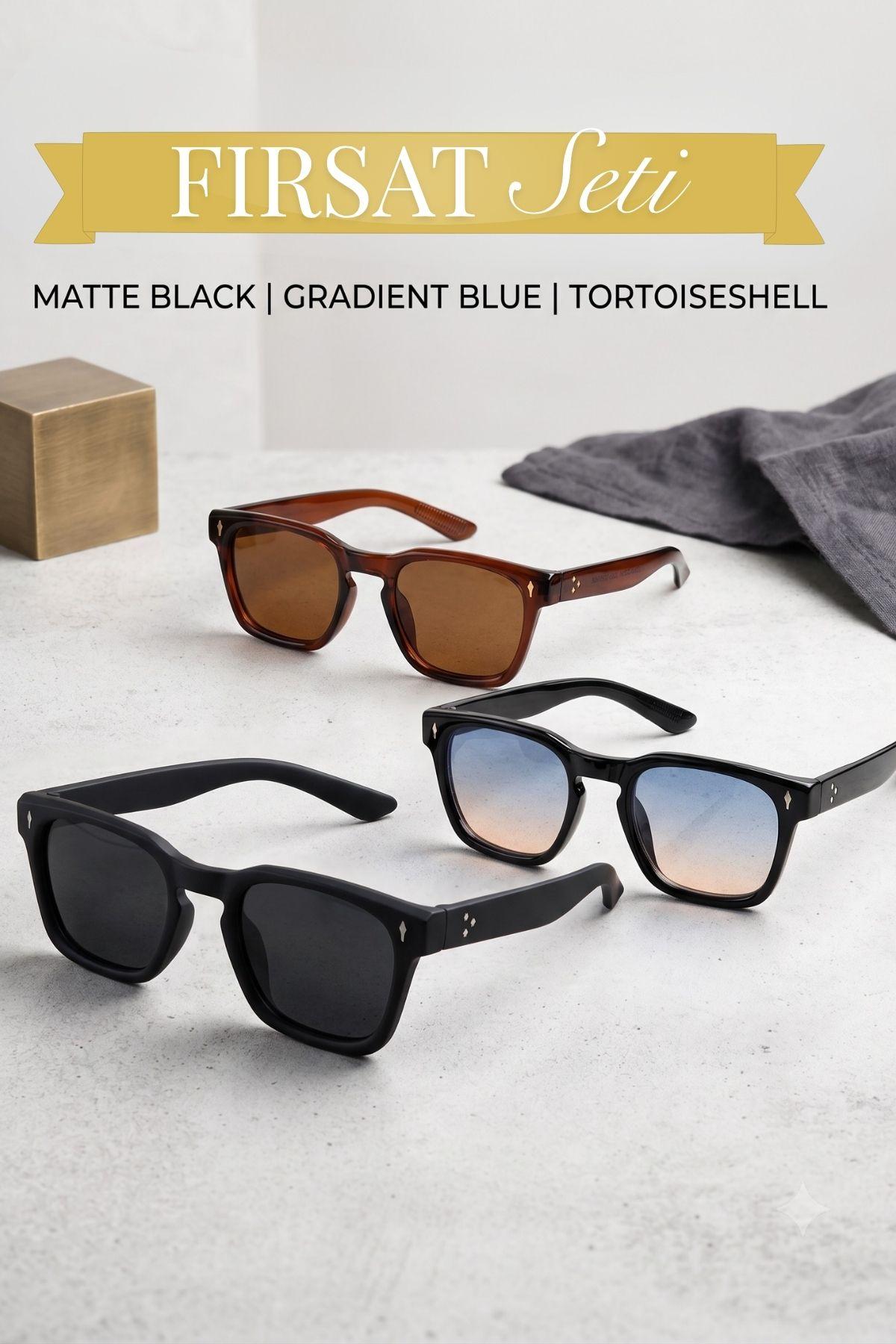 3lü Fırsat Seti Unisex  UV400 Kare Güneş Gözlüğü 23037set