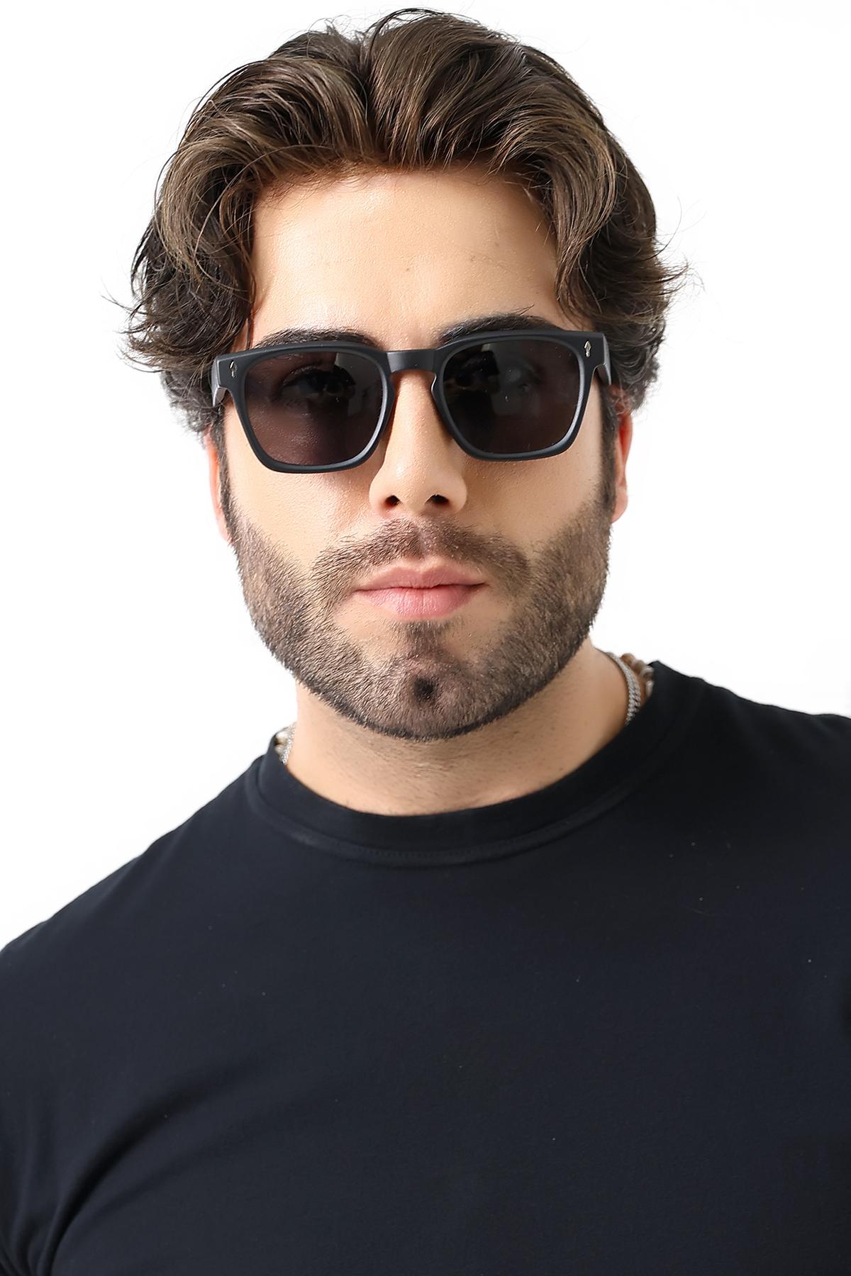 Unisex Aksesuarlı Kare Mat Siyah Polarize Güneş Gözlüğü 23037 c2 p m