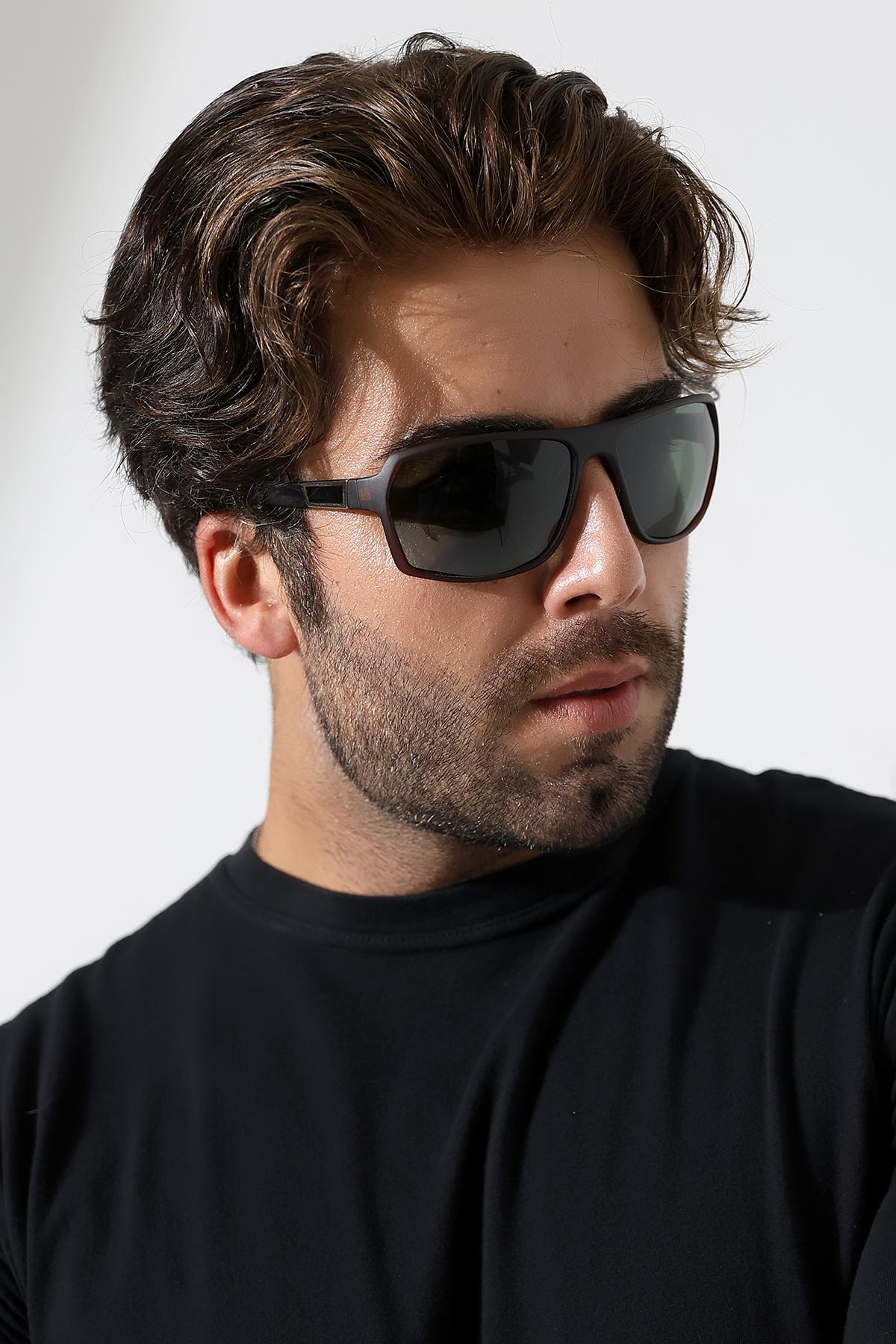 Erkek Mat Kahverengi Kare Motorcu Polarize Güneş Gözlüğü 23052 C3 P M