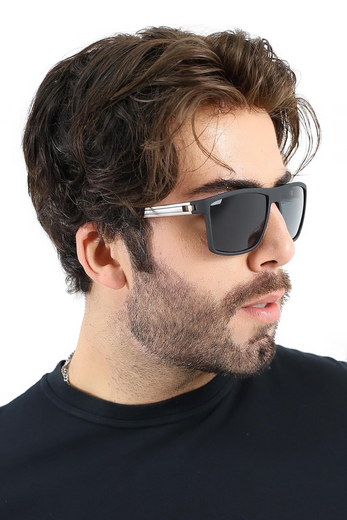 Erkek Mat Siyah Kare UV400 Güneş Gözlüğü Gümüş Detay 25-11 C2 M