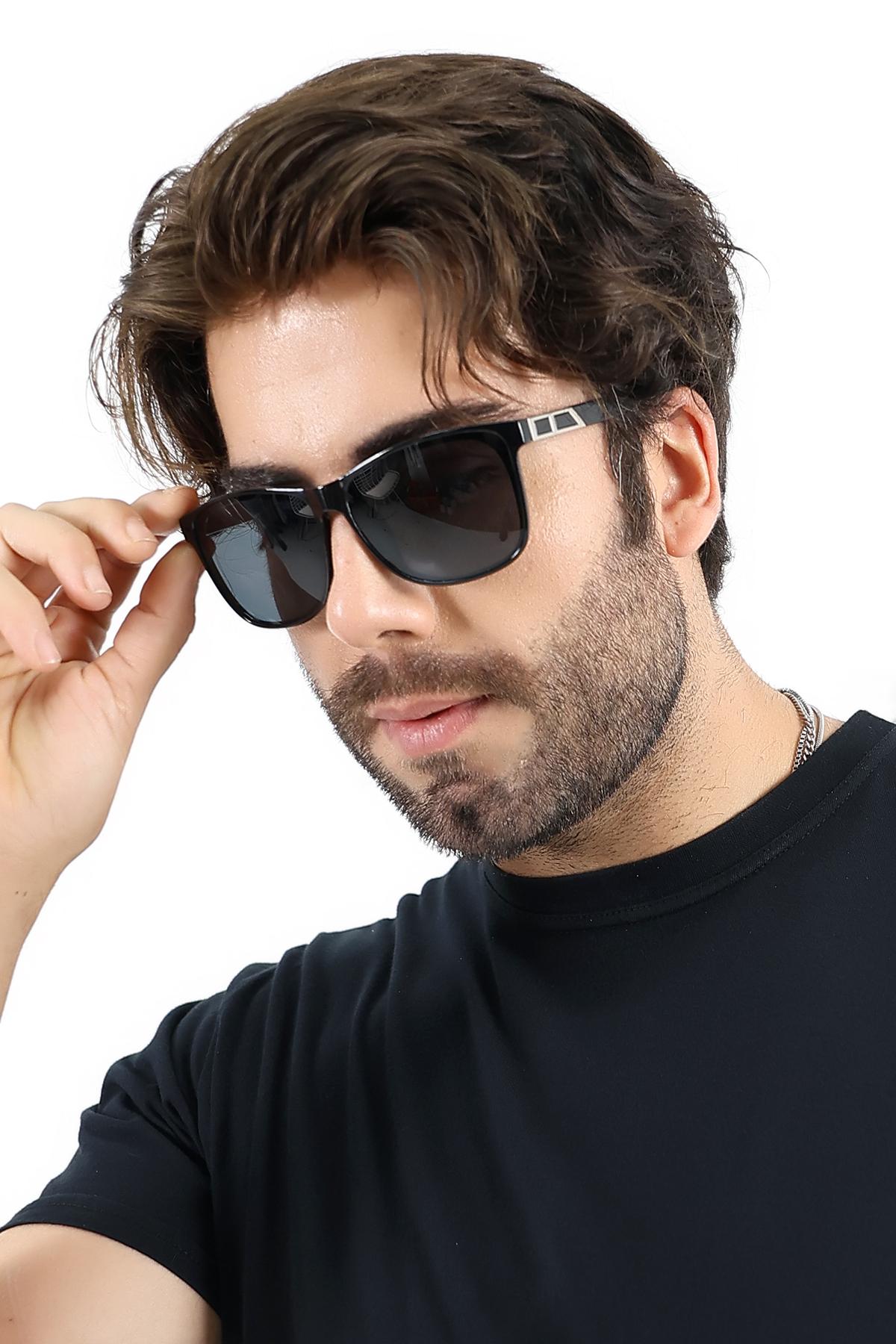 Erkek Siyah Kare UV400 Güneş Gözlüğü Gümüş Detay 25-08 C2