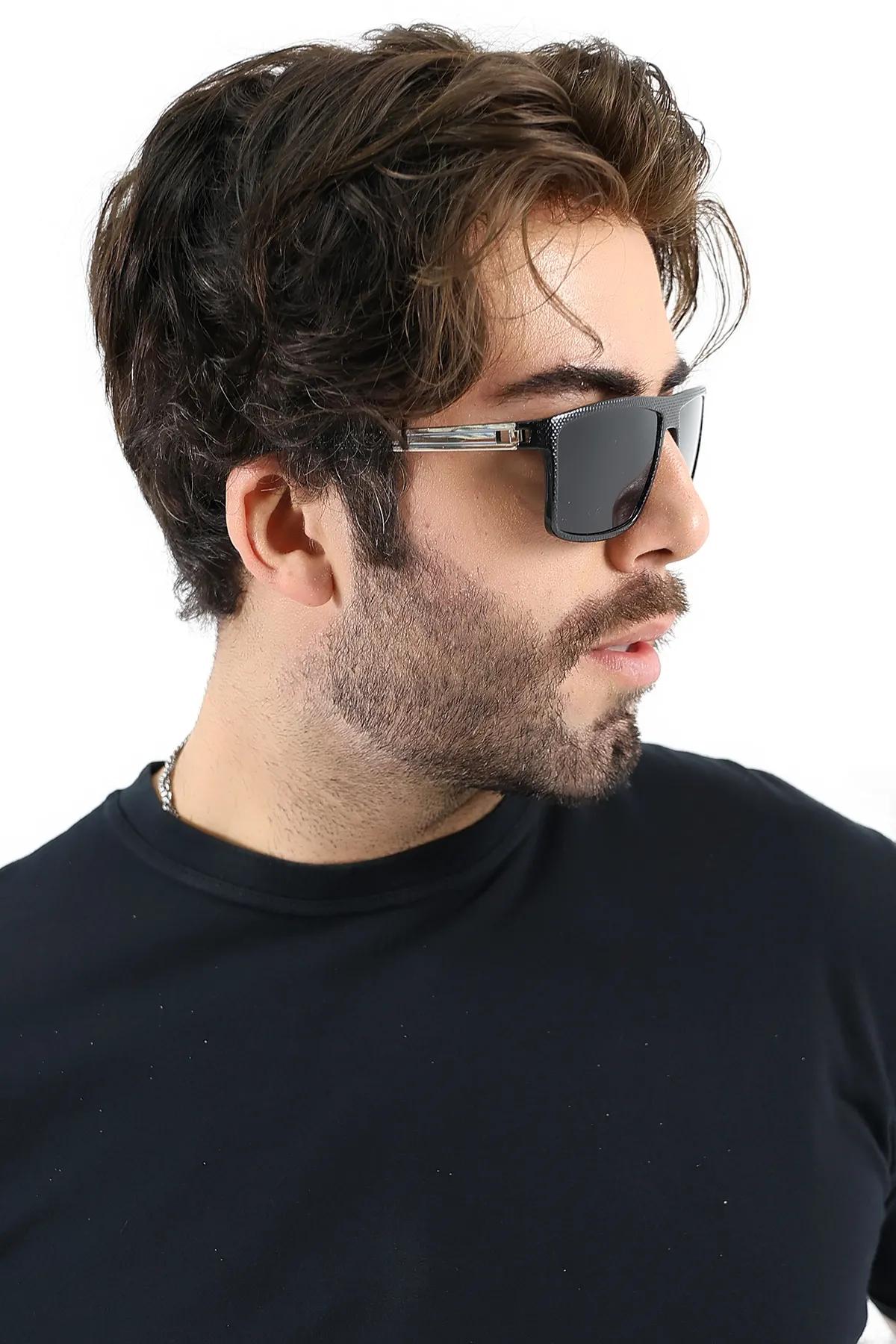 Erkek Siyah Kare UV400 Güneş Gözlüğü Gümüş Detay 25-11 C2