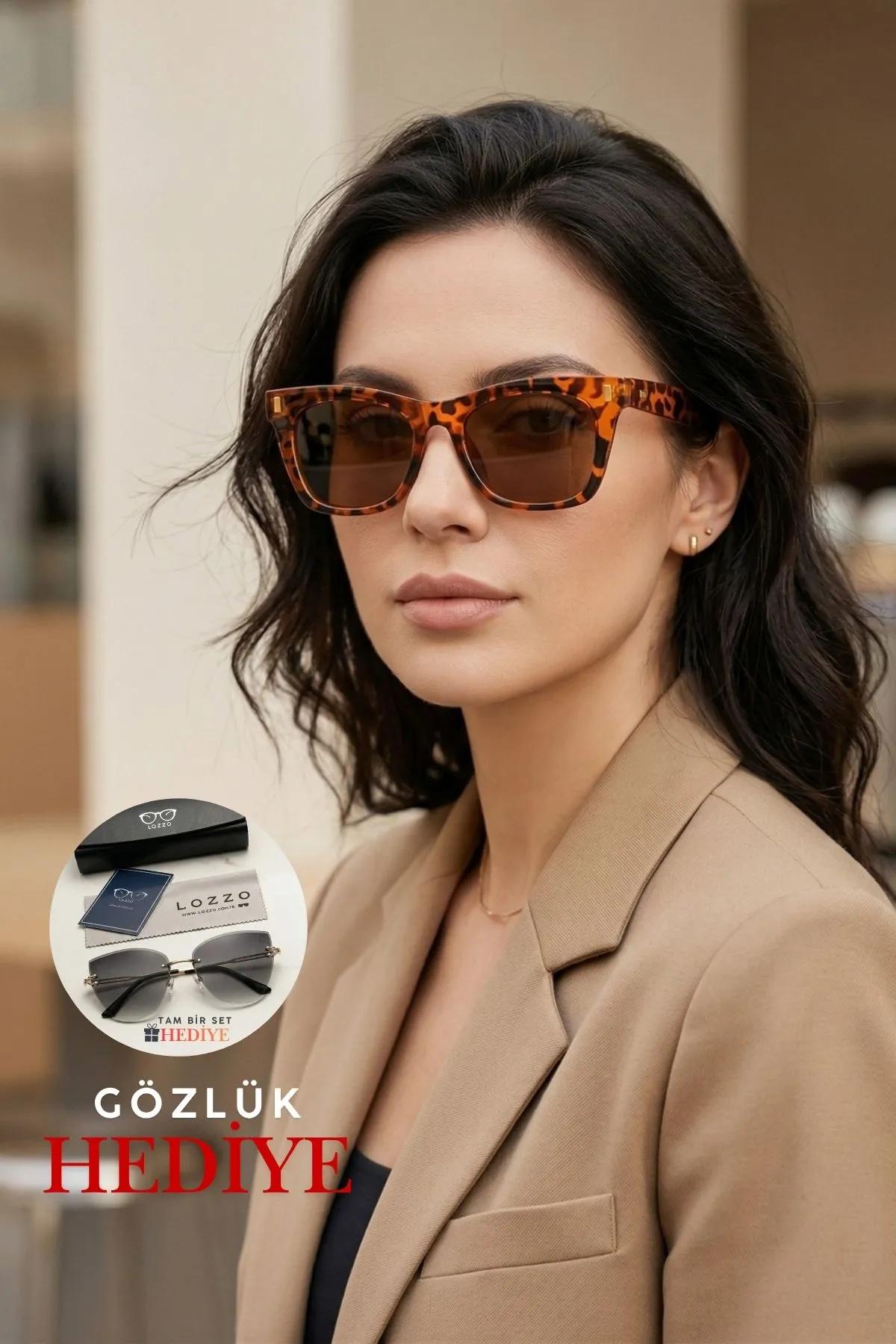 Kadın Leopar Çerçeve Kare UV400 Güneş Gözlüğü 23014 C27 Turuncu