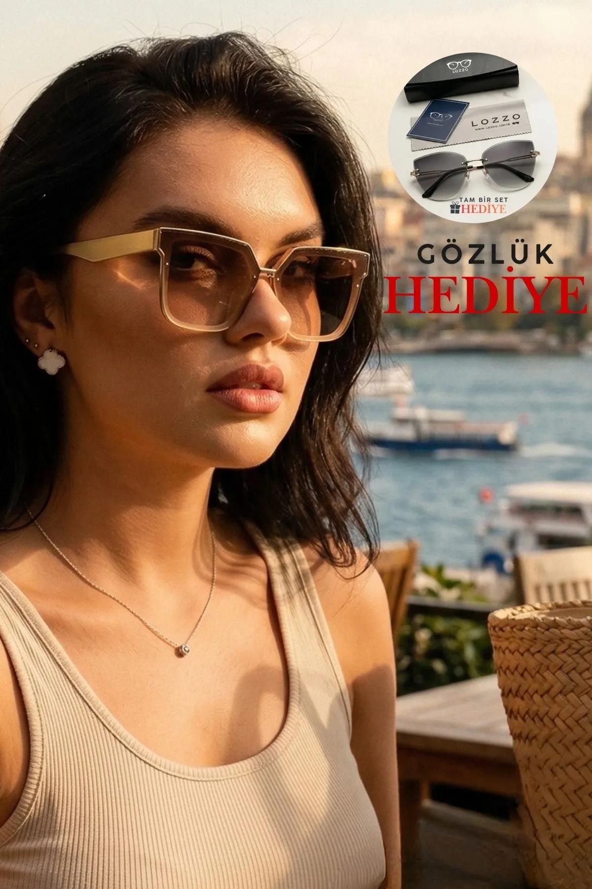 Kadın UV400 Bej Rengi Oversize Güneş Gözlüğü 23019 C21