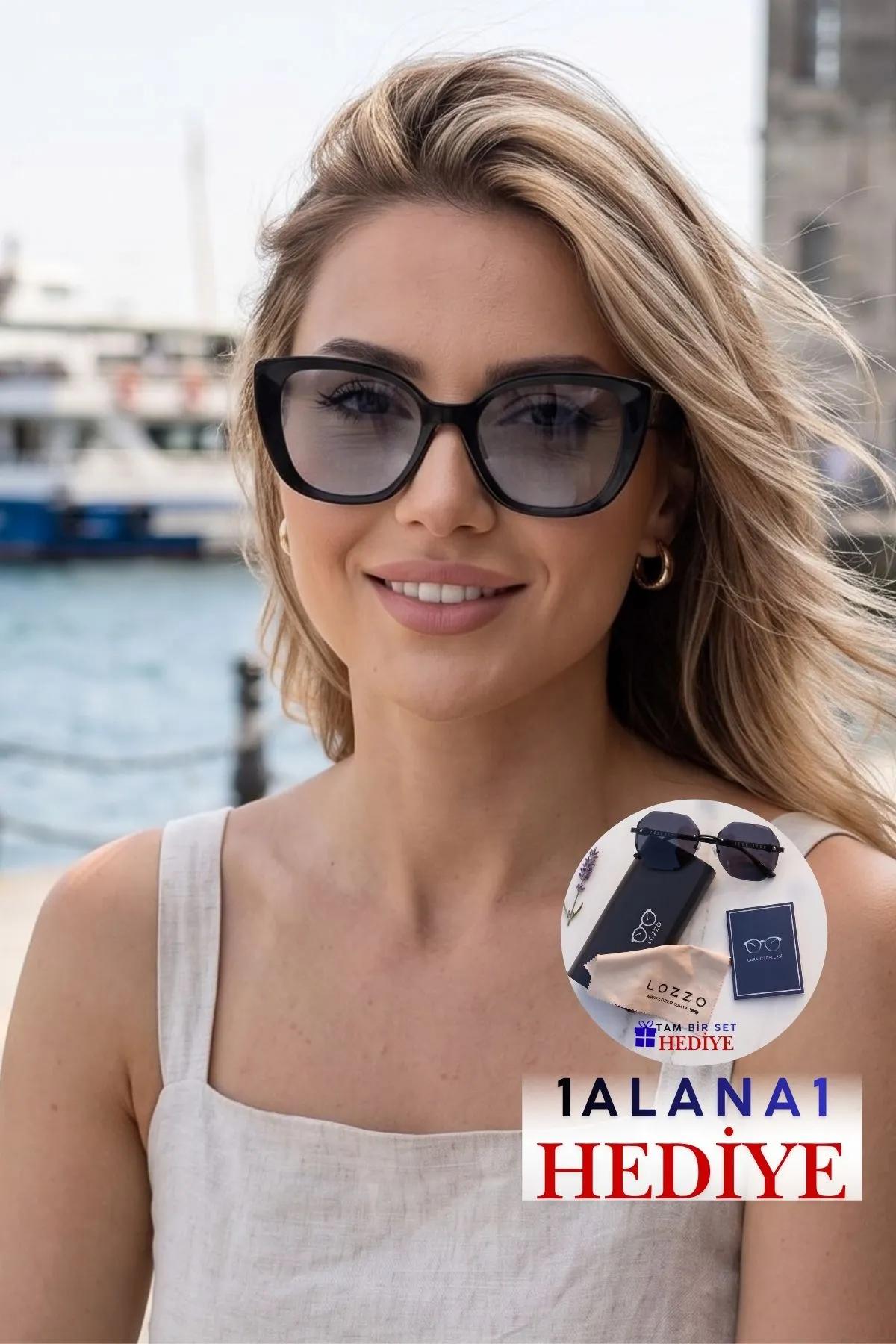 Kadın UV400 Büyük Kare Siyah Güneş Gözlüğü 23021 C2 Blue Cam