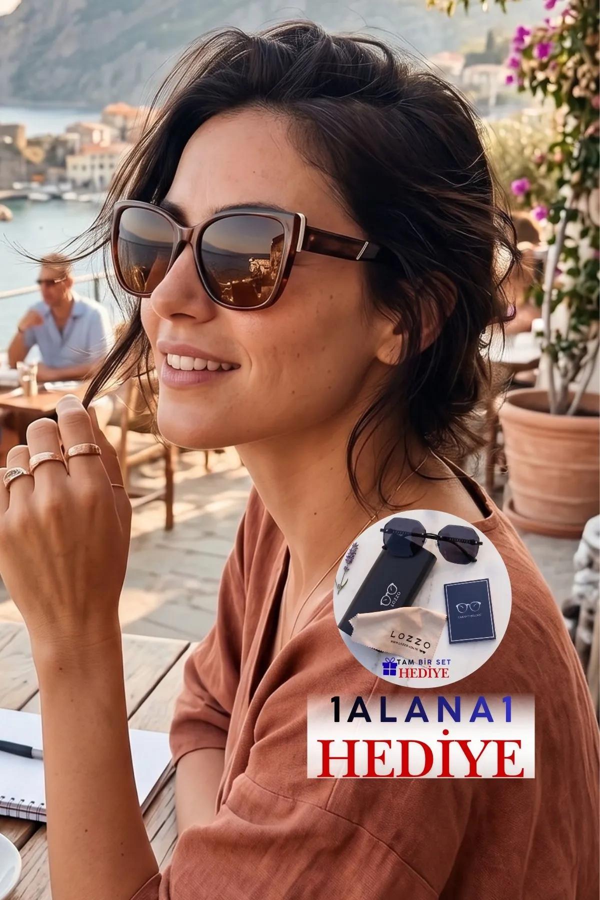 Kadın UV400 Kahverengi Gümüş Aksesuarlı Kelebek Güneş Gözlüğü 23058 C3