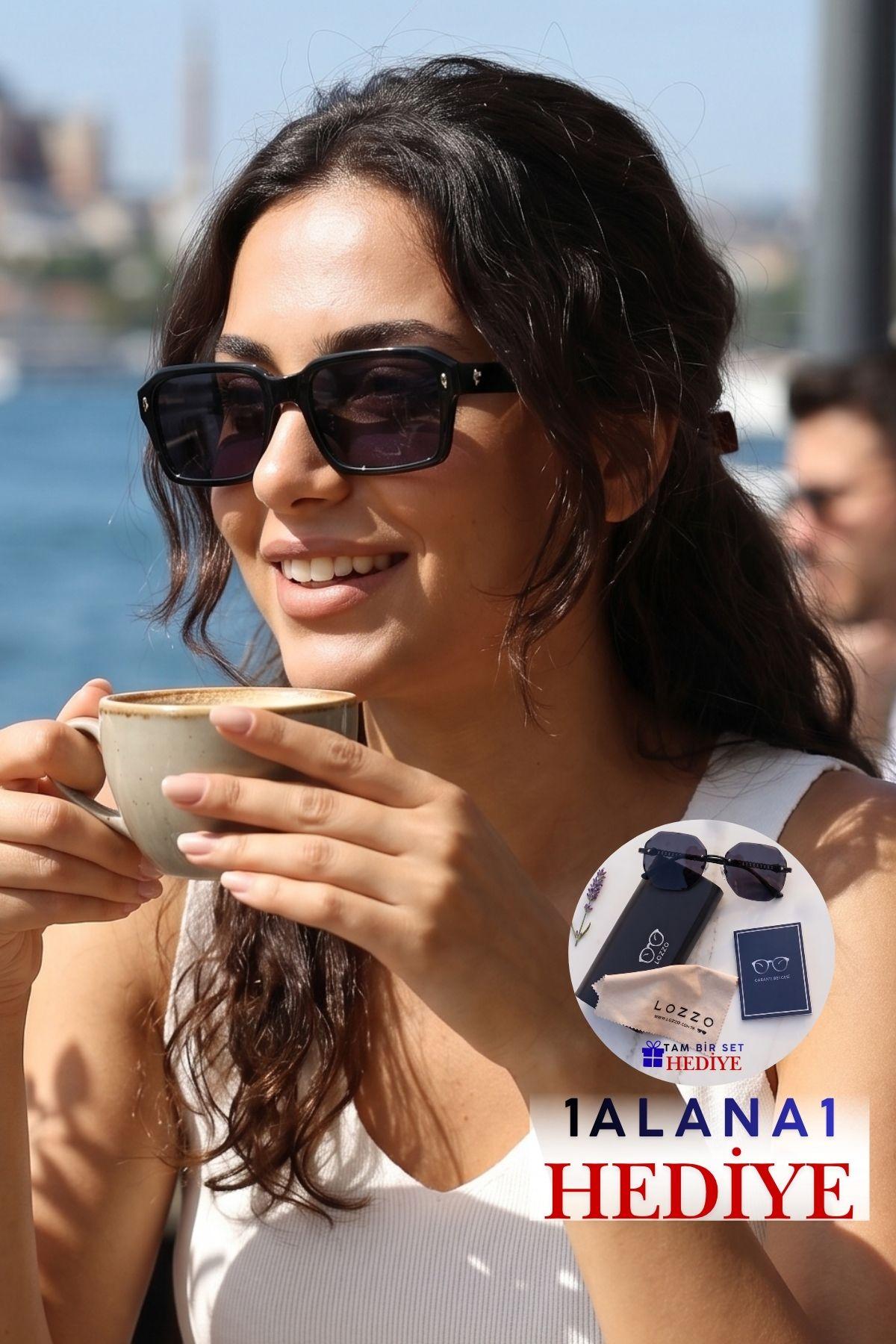 Kadın UV400 Kare Siyah Koyu Renk Cam Güneş Gözlüğü 23033 c2 k