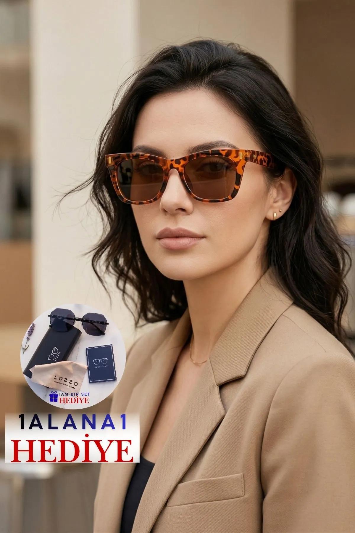 Kadın UV400 Leopar Çerçeve Kare Güneş Gözlüğü 23014 C27 Turuncu