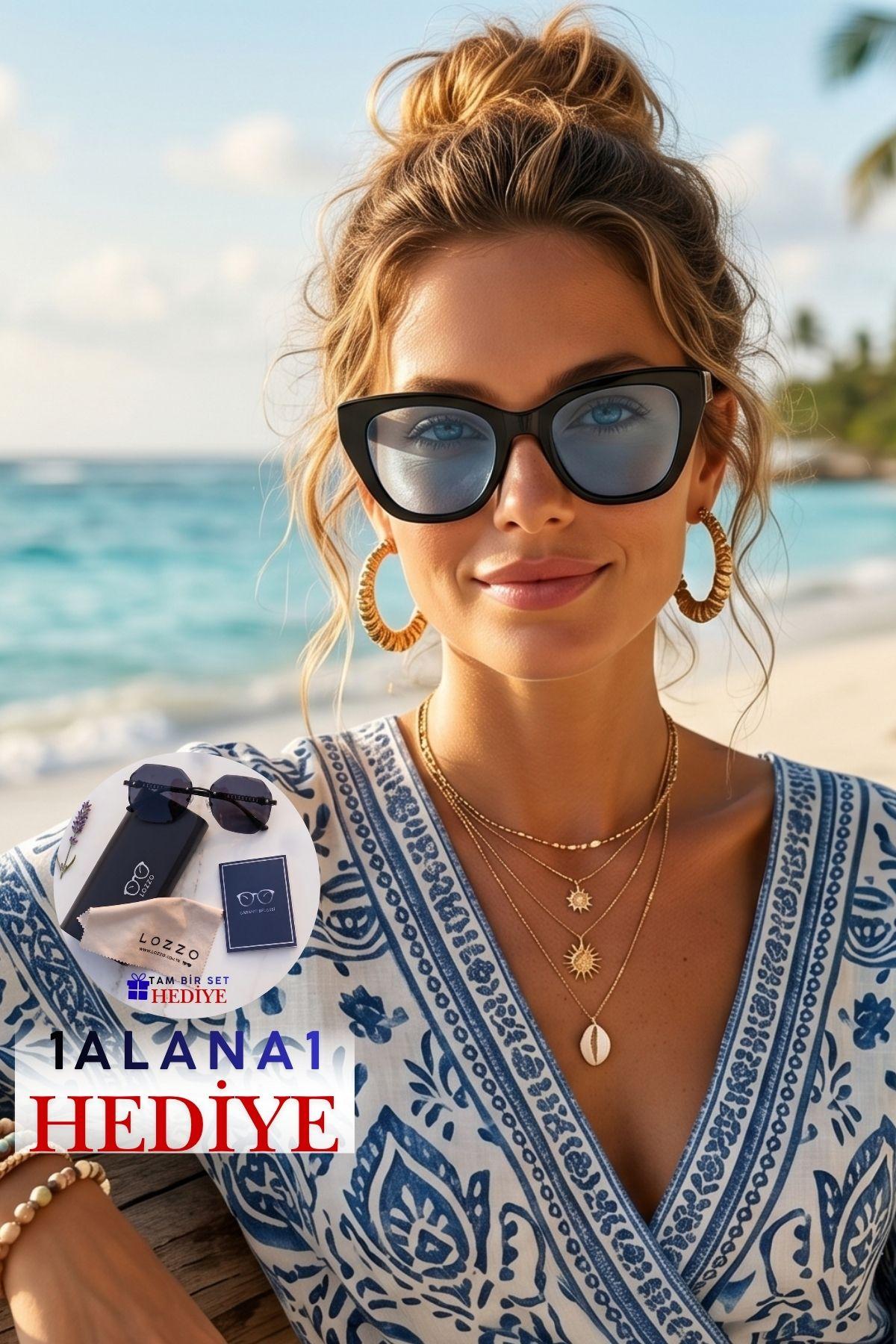 Kadın UV400 Siyah Oversize Cat Eyes Güneş Gözlüğü 23021 C2MaViCam