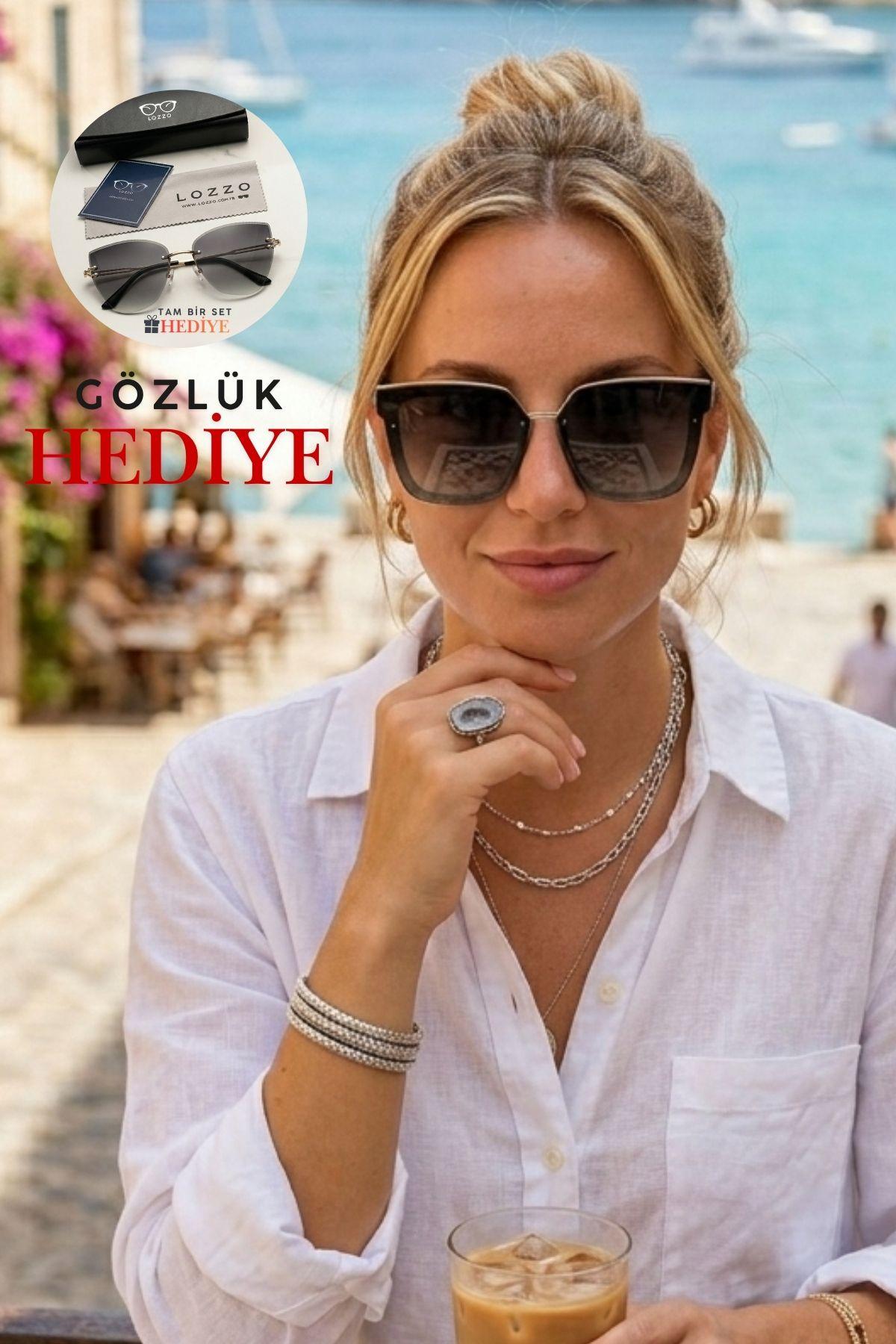 Kadın UV400 Siyah Oversize Güneş Gözlüğü 23016 C2 Gümüş Aksesuar