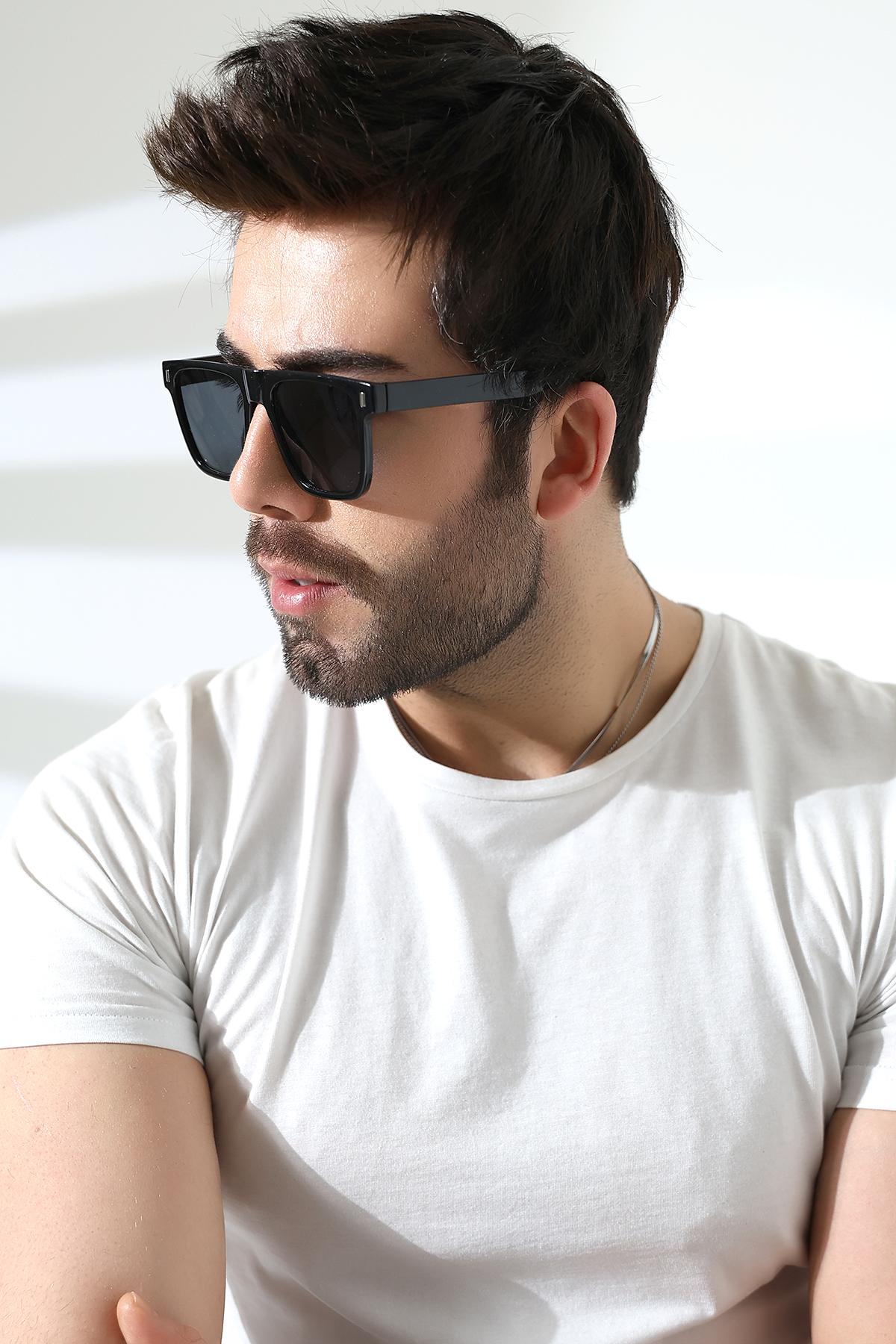 Erkek Siyah Kare Aksesuarlı UV400 Güneş Gözlüğü 23024 C2